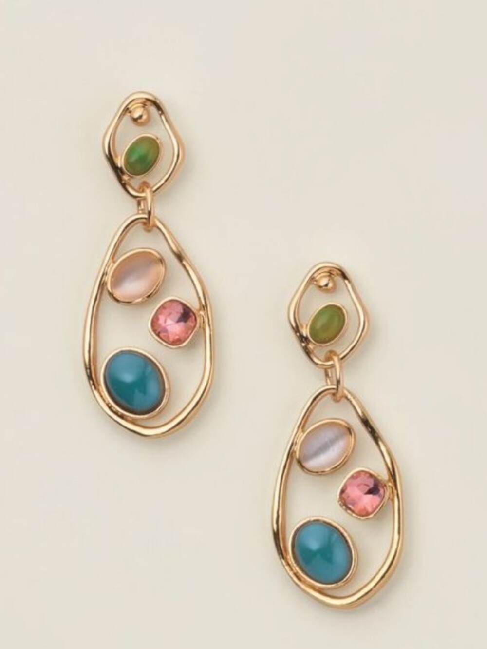 Gold-Tone Drop Earrings with Green and Beige Gem Accents